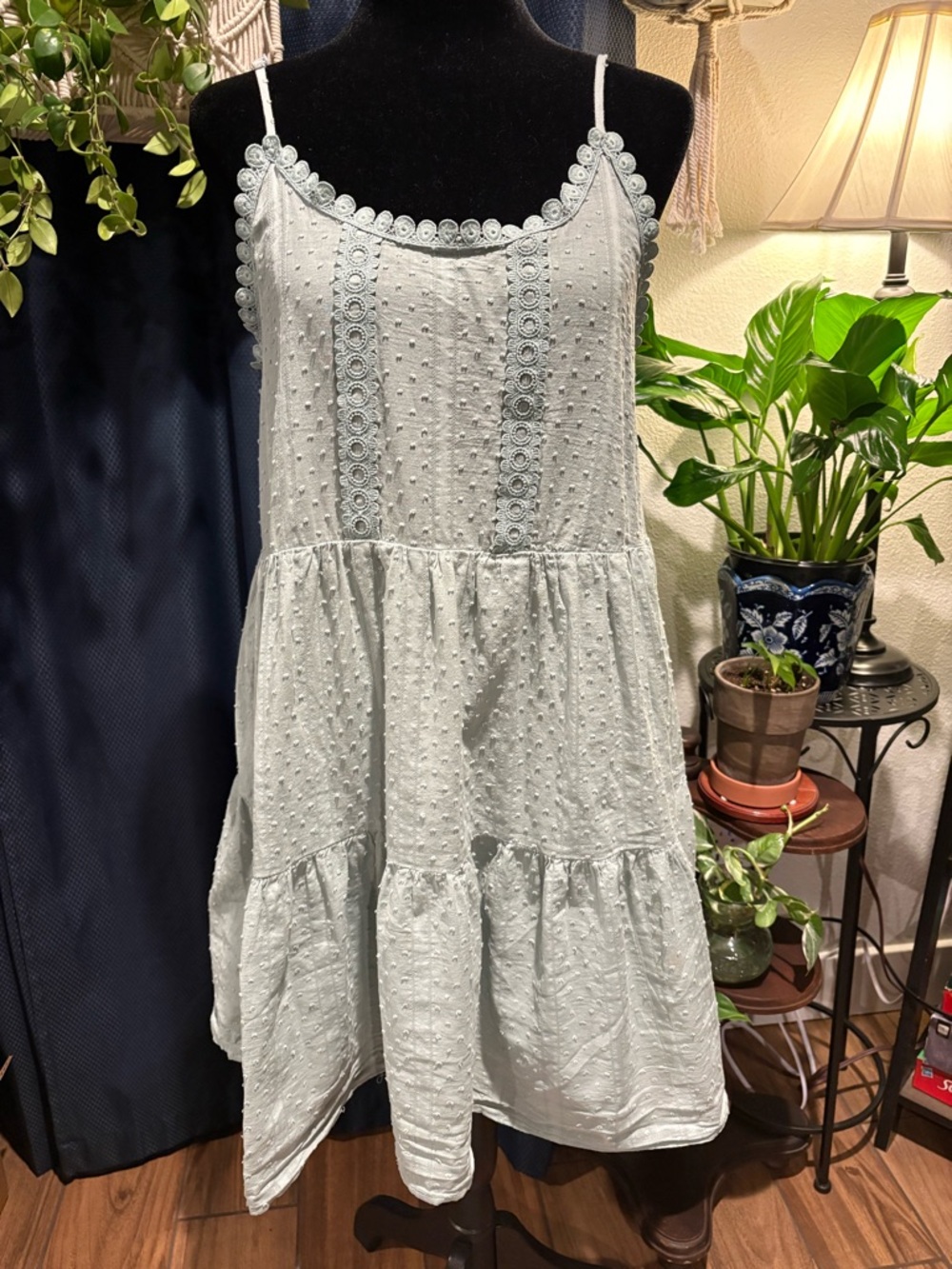 Sweet Wanderer Sage Eyelet Dress with Scallop Trim